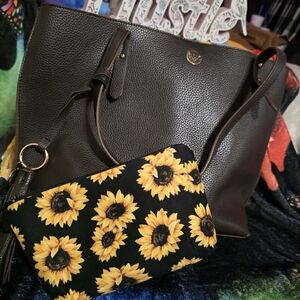 Anne Klein Dark Brown Tote with Sunflower Pouch